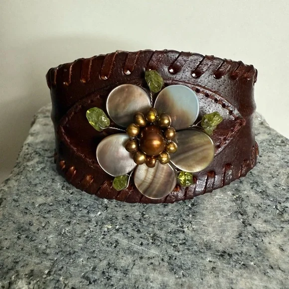 Green and Brown Leather Cuff Bracelet with Floral Centerpiece - Picture 4 of 9